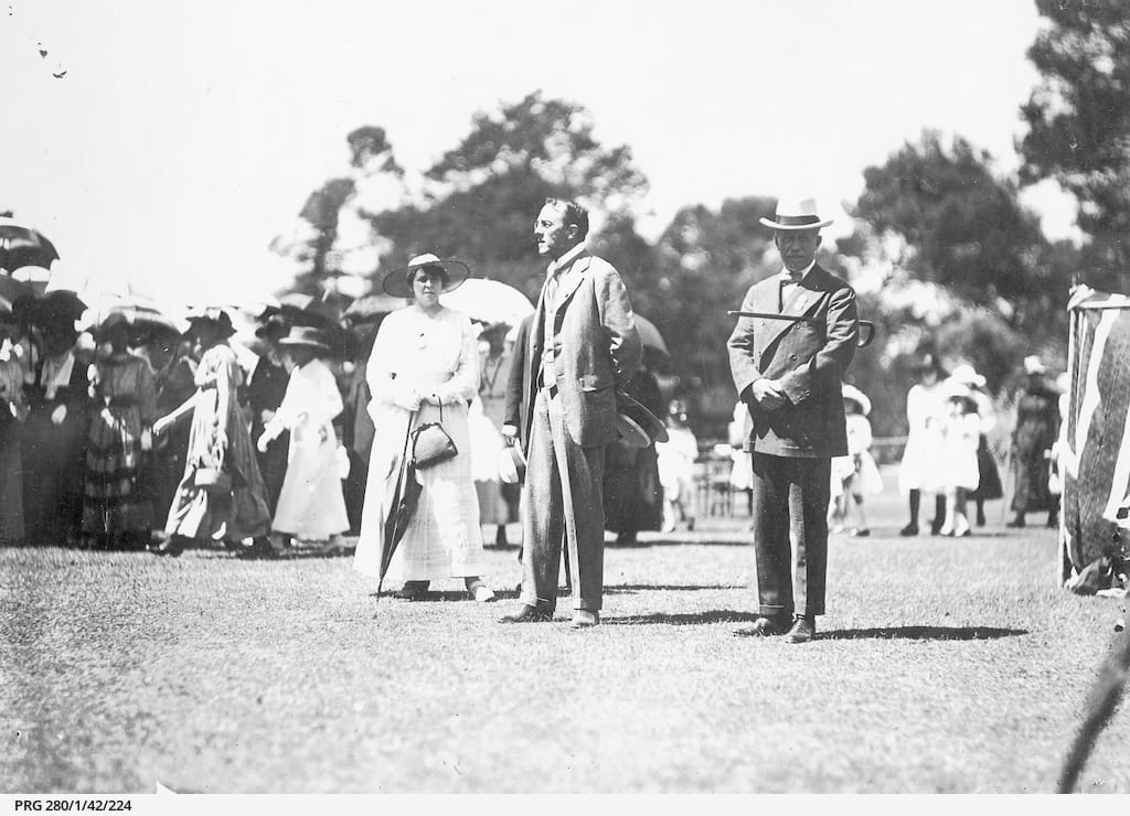Sir Frank B Moulden (standing centre) at a carnival in Adelaide, c1920.